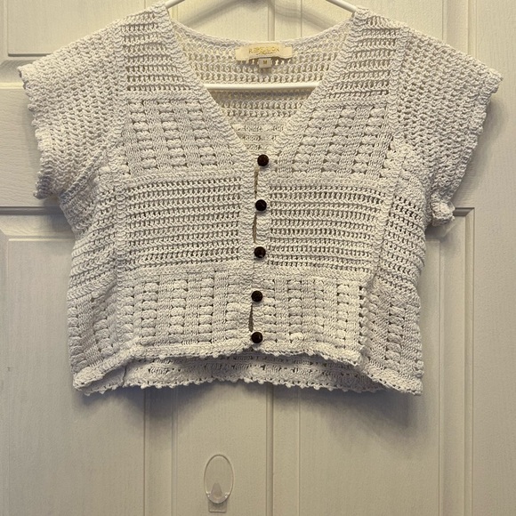 Rebellion Tops - Rebellion White Crochet Button Down Crop Top